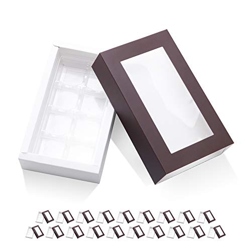 BAKIPACK 20 Truffle Box, Chocolate Box Packaging, Candy Boxes with 8-Piece Plastics Tray (Tray Size with 5.75x2.75 Inches), Pull Out Packing with Clear Window Sleeves, Dark Brown - Image 1