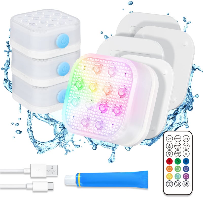 Homly Rechargeable Submersible Pool Lights with Remote Waterproof Underwater Charging Battery Operated Controlled 16 Color Changing LED with Magnet Floating Lights Pool Pond Decoration 4 Pack