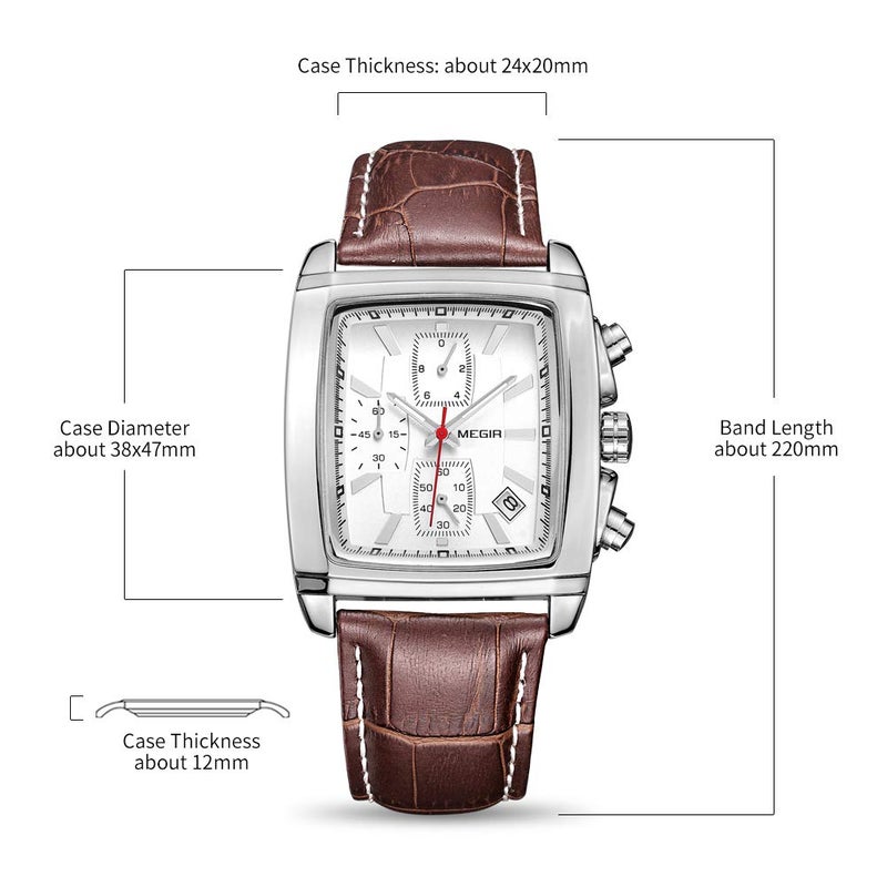 MEGIR Men's Business Analog Chronograph Luminous Rectangle Quartz Watch with Stylish Leather Strap for Sport & Work (2028 White) - Image 4