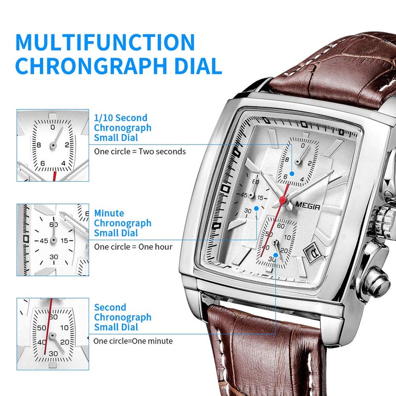MEGIR Men's Business Analog Chronograph Luminous Rectangle Quartz Watch with Stylish Leather Strap for Sport & Work (2028 White) - Image 2