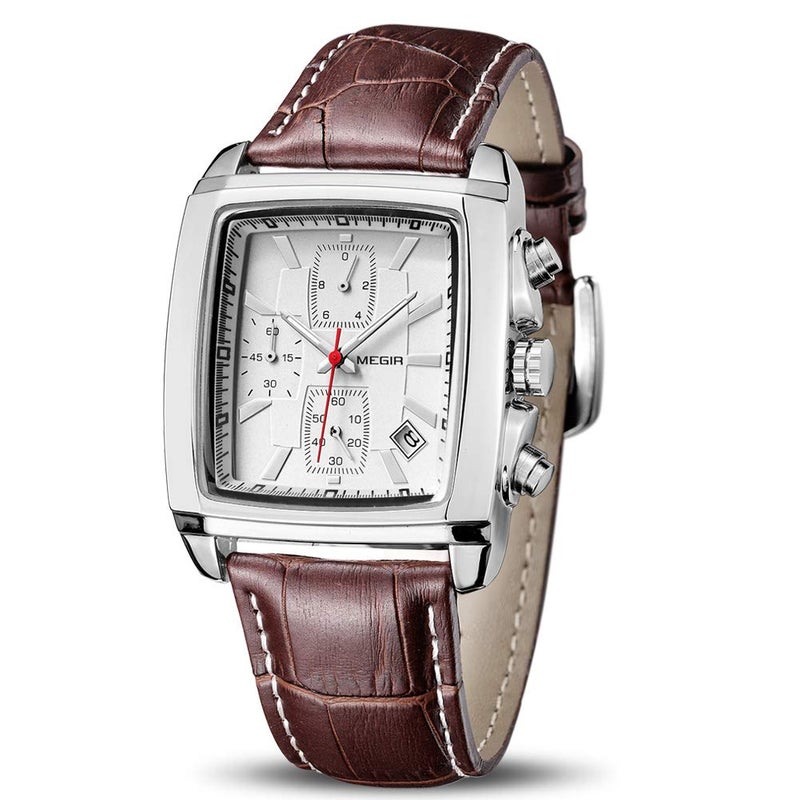 MEGIR Men's Business Analog Chronograph Luminous Rectangle Quartz Watch with Stylish Leather Strap for Sport & Work (2028 White) - Image 1