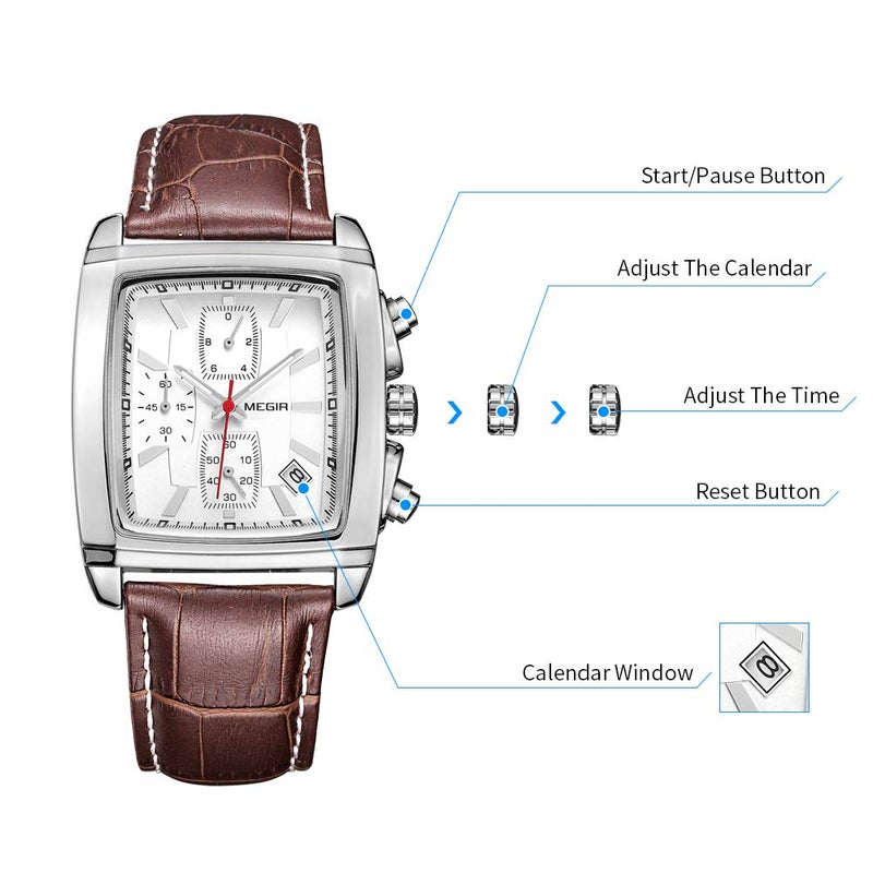 MEGIR Men's Business Analog Chronograph Luminous Rectangle Quartz Watch with Stylish Leather Strap for Sport & Work (2028 White) - Image 3