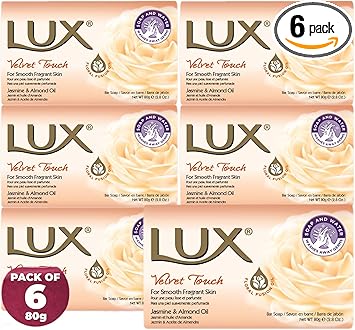Lux صابون لكس فيلفت تاتش الجمالي بار للعناية الفاخرة للبشرة للوجه واليدين والجسم غني لبشرة ناعمة ومشرقة صابون استحمام يومي لطيف برائحة منعشة للرجال والنساء 80 جرام × 6 - Image 1