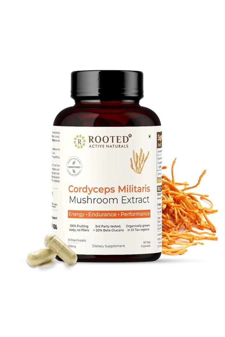 ROOTED ACTIVE " Rooted Active's Cordyceps Mushroom - Performance Mushroom Supplement for Energy, Immunity, Fitness Support Supplement to Aid Oxygen Uptake, Testosterone & Virility, Stamina Support (60 Caps)" - Image 1