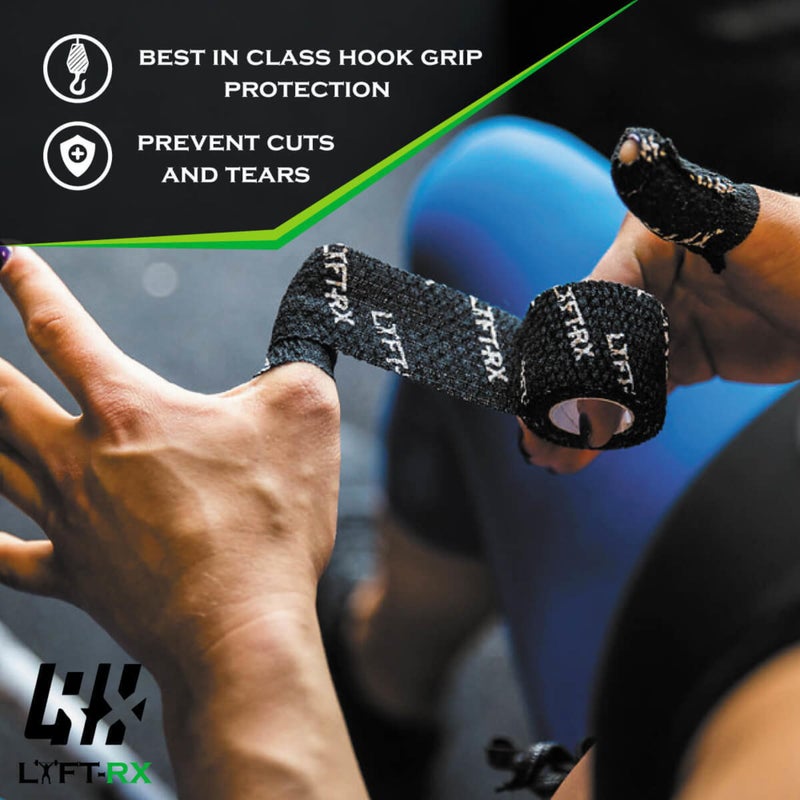 LYFT-RX Weightlifting Hook Grip Tape w/Premium Adhesive for Olympic Weight Lift, Cross Fitness, Lifting, Stretch Fit Athletic Finger Wrap, Protects Thumb Fingers, Size1.5in Black 3-Rolls - Image 2