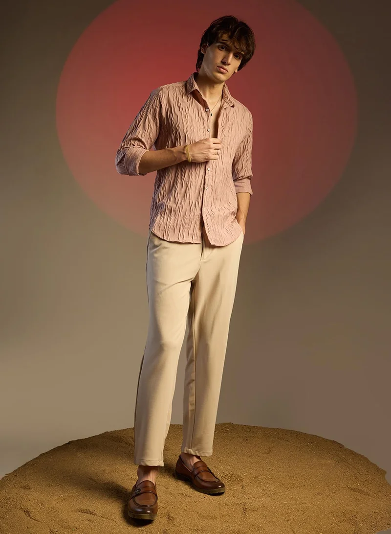 كامبوس سوترا Men's Salmon Pink Grain-Textured Shirt