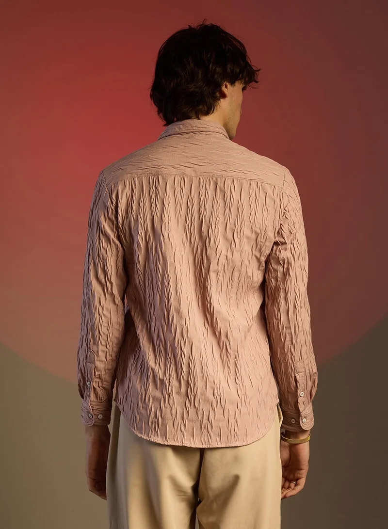 كامبوس سوترا Men's Salmon Pink Grain-Textured Shirt