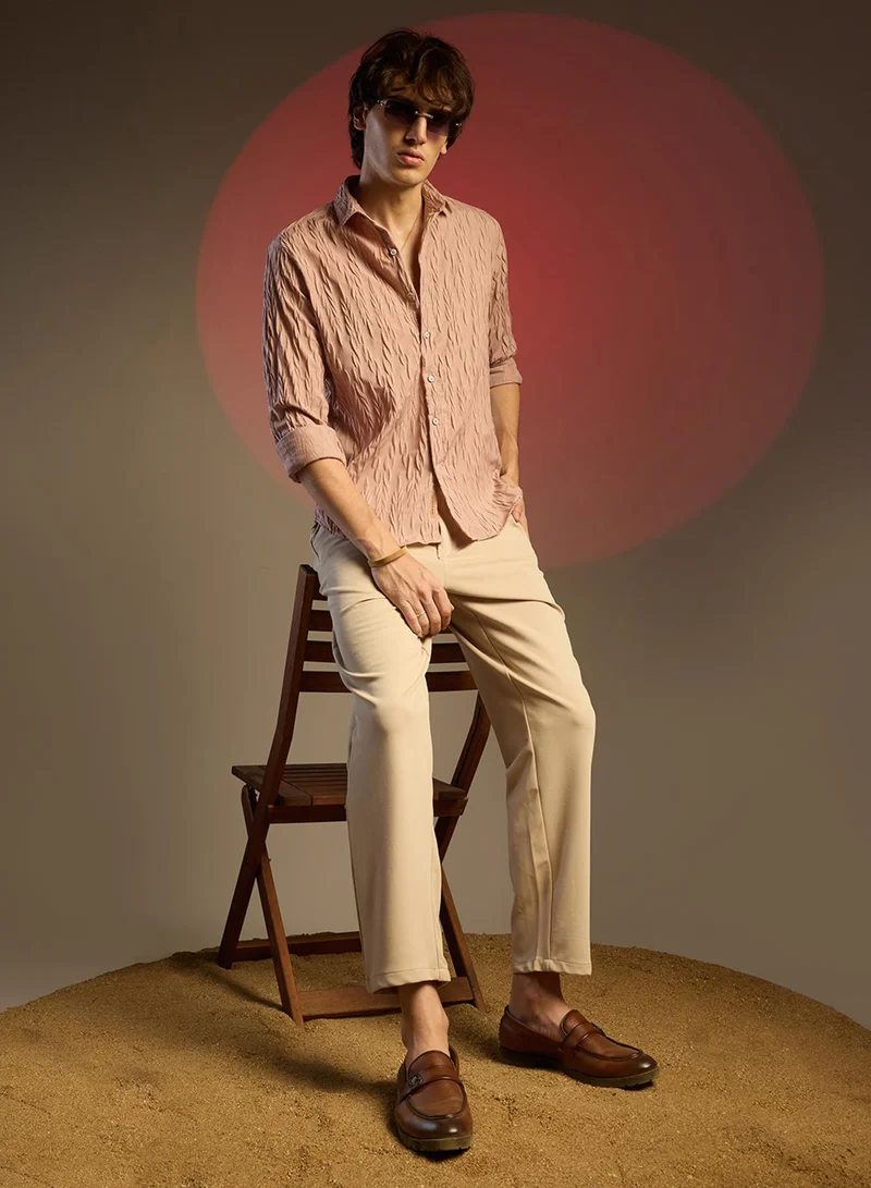 كامبوس سوترا Men's Salmon Pink Grain-Textured Shirt