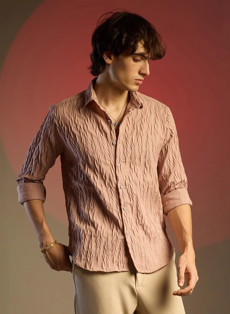 كامبوس سوترا Men's Salmon Pink Grain-Textured Shirt