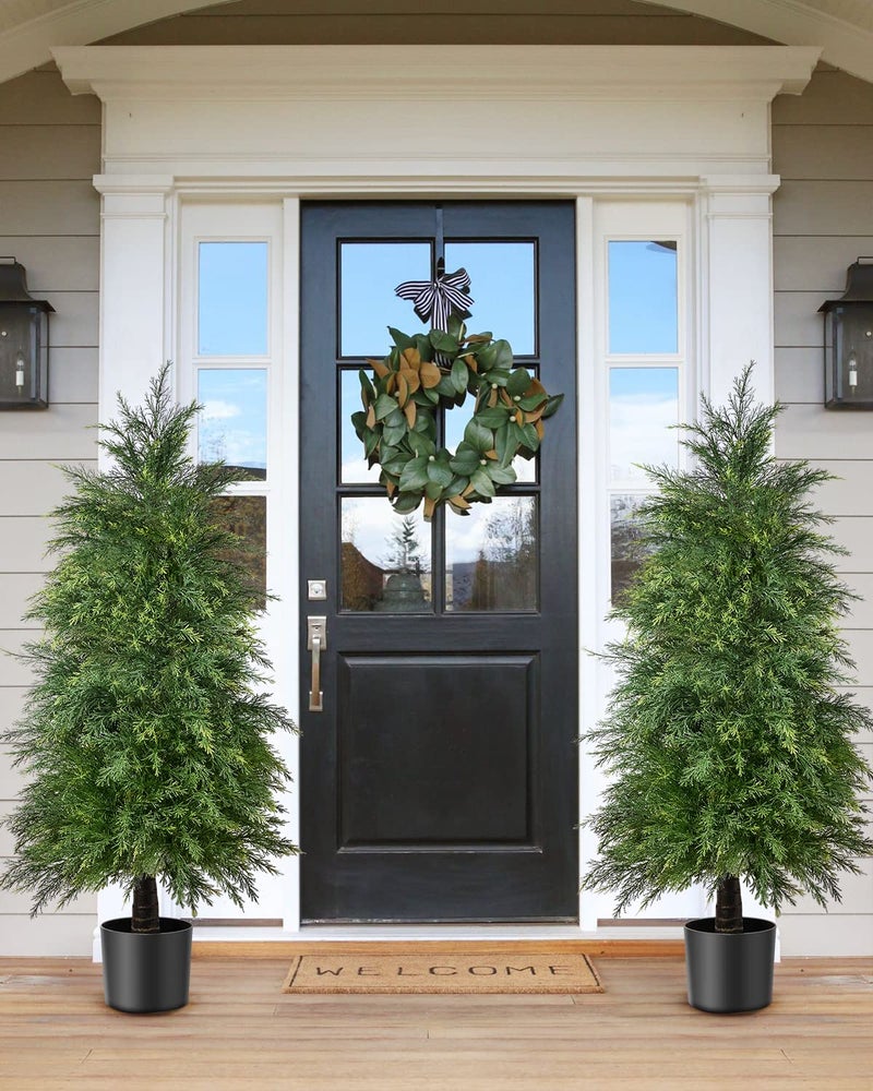 YEMMEN 2 Pack 4ft Artificial Cedar Topiary Trees, Outdoor Artificial Plants for Front Porch DÃ©cor, Artificial Shrubs Fake Plants Uv Rated Potted Plants for Outdoor, Indoor, Front Door, Office - Image 3