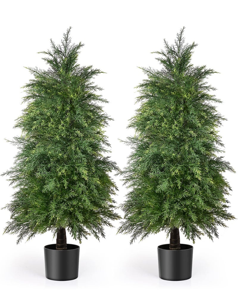 YEMMEN 2 Pack 4ft Artificial Cedar Topiary Trees, Outdoor Artificial Plants for Front Porch DÃ©cor, Artificial Shrubs Fake Plants Uv Rated Potted Plants for Outdoor, Indoor, Front Door, Office - Image 1