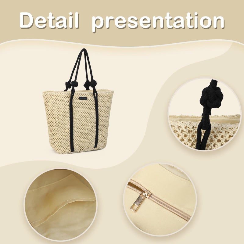 Gladdon Straw Beach Bags for Women Woven Beach Tote Bag Casual Boho Large Shoulder Handbags for Vacation Holiday Beige - Image 4