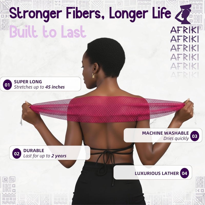 AFRIKI إسفنجة الشبكة الأفريقية المقشرة من أفريقي، إسفنجة الشبكة الأفريقية الأصيلة، مملوكة للسود، مقشر الظهر، طول 45 بوصة للبشرة العادية إلى الحساسة، للاستخدام اليومي، المجموعة الأصلية - Image 3