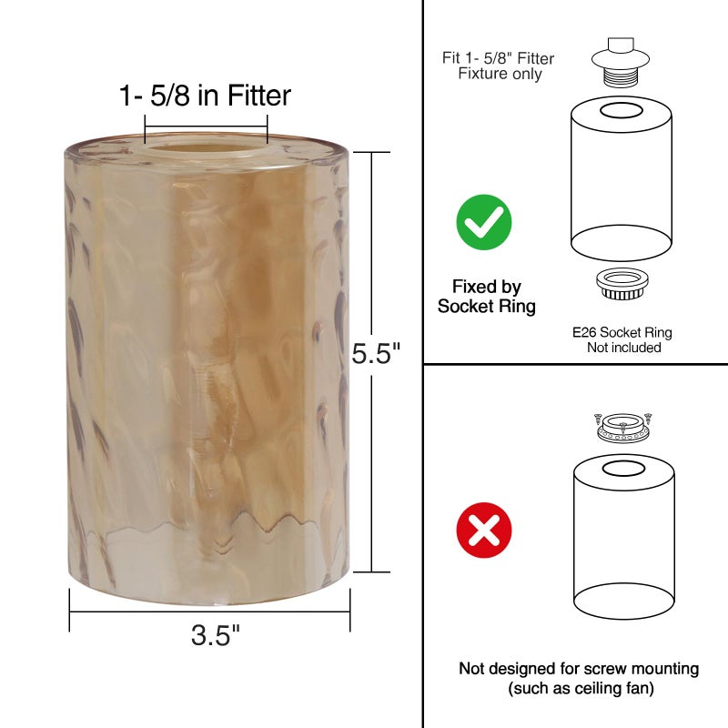 Voguad 2 Pack Hammered Glass Lamp Shade, Amber Colored Cylinder Light Fixture Shade Replacement, Water Ripple Globe for Chandelier, Wall Sconce, Pendant Light, 1 5/8 inch Fitter - Image 2