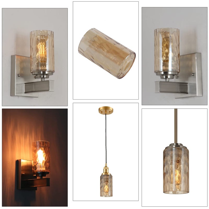 Voguad 2 Pack Hammered Glass Lamp Shade, Amber Colored Cylinder Light Fixture Shade Replacement, Water Ripple Globe for Chandelier, Wall Sconce, Pendant Light, 1 5/8 inch Fitter - Image 4