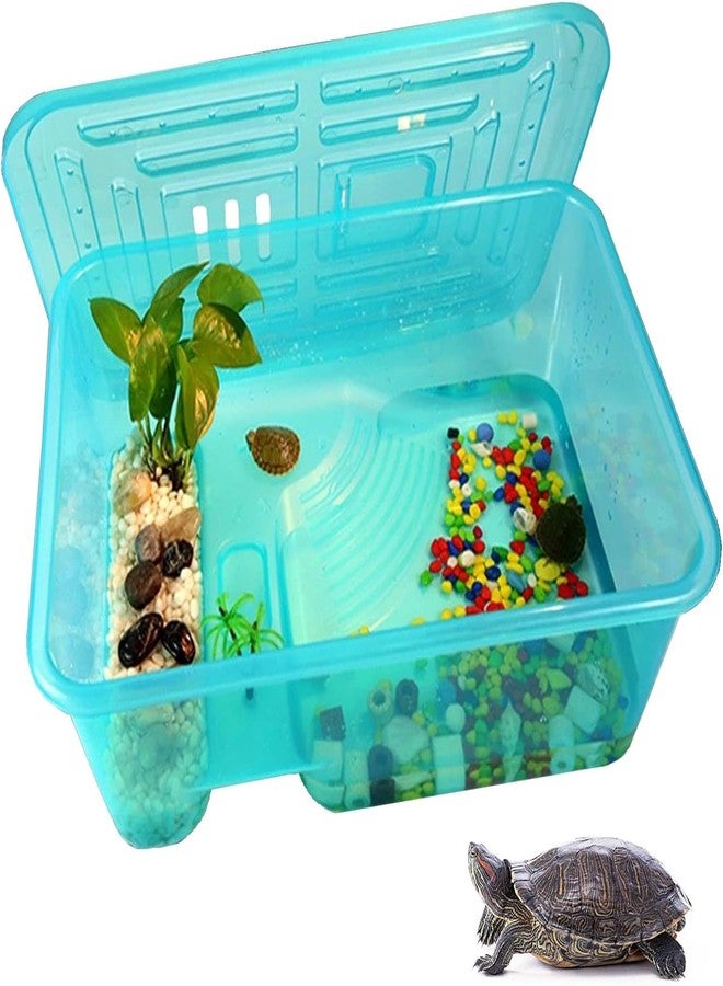 Rizopets Turtle Aquarium Tank with Lid, Multifunctional Reptile Breeding Box with Terrapin Lake, Hibernation, Swimming, Basking, Feeding, Platform for Tortoise, Crayfish & Crab (Medium) - Image 1