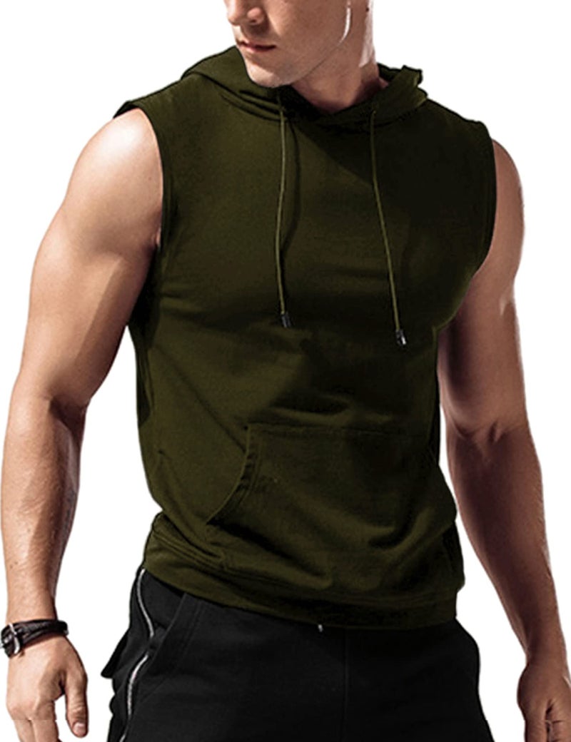 Amussiar Men's Workout Hooded Tank Tops Sleeveless Gym Hoodies Bodybuilding Muscle Sleeveless T-Shirts Army Green - Image 1