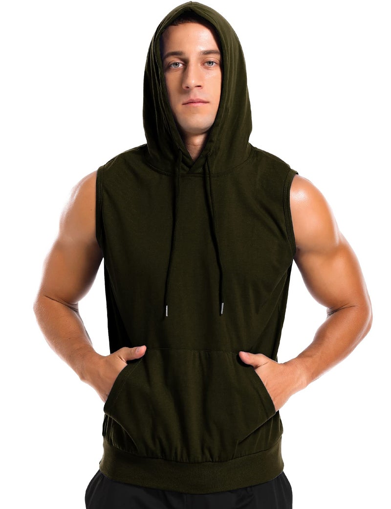 Amussiar Men's Workout Hooded Tank Tops Sleeveless Gym Hoodies Bodybuilding Muscle Sleeveless T-Shirts Army Green - Image 2