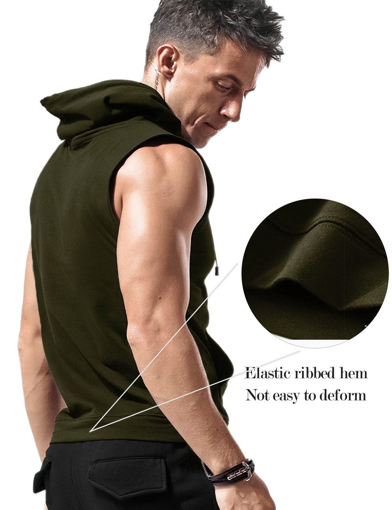 Amussiar Men's Workout Hooded Tank Tops Sleeveless Gym Hoodies Bodybuilding Muscle Sleeveless T-Shirts Army Green - Image 3