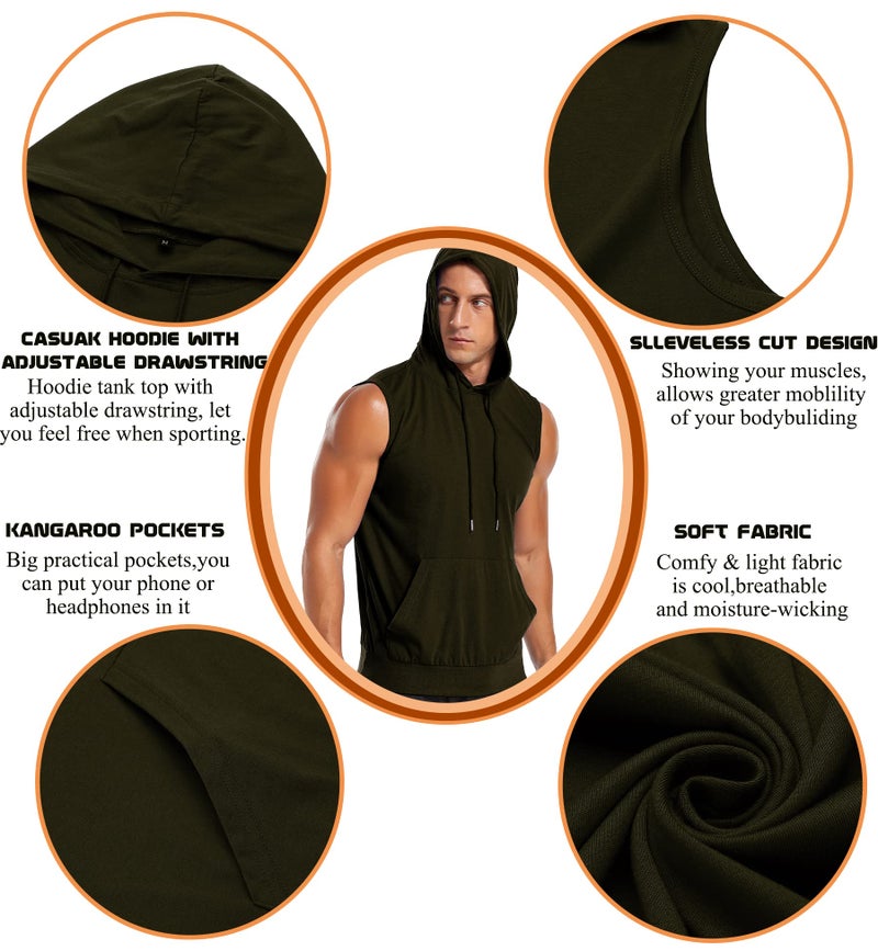 Amussiar Men's Workout Hooded Tank Tops Sleeveless Gym Hoodies Bodybuilding Muscle Sleeveless T-Shirts Army Green - Image 5