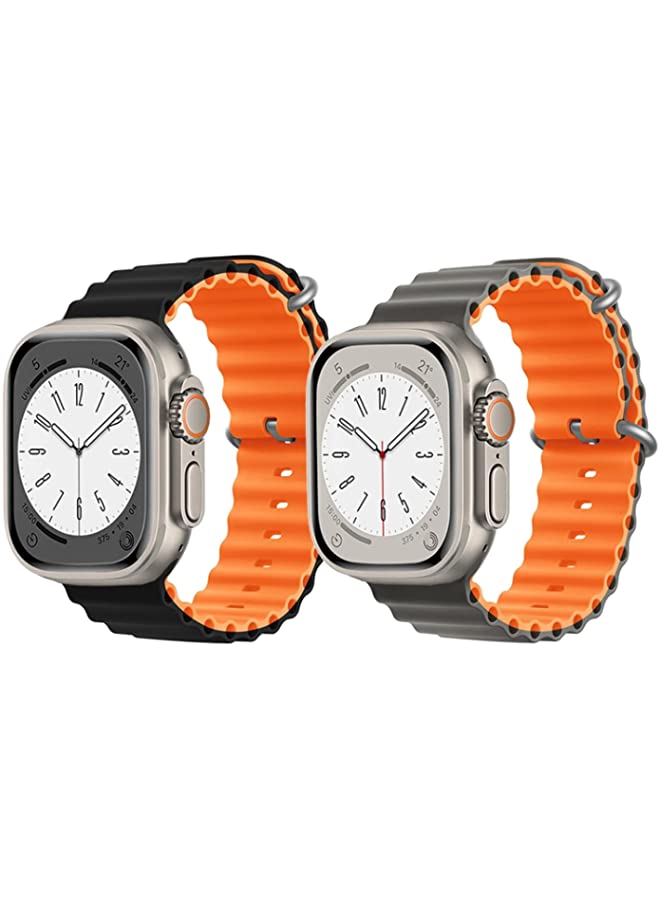 vesus Silicone Ocean Band Strap for Apple Watch Ultra 8 49mm Black/Orange Double Side Strap with Gray/Orange Double Side Strap Set of 2