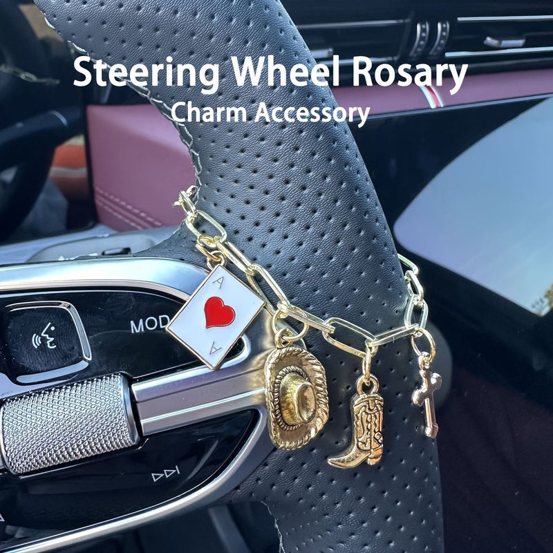 Flower Bees Steering Wheel Rosary Charm Cross Heart Pendant Car Interior Hanging Decoration Lucky Gift Driver Universal Auto Accessory - Image 1