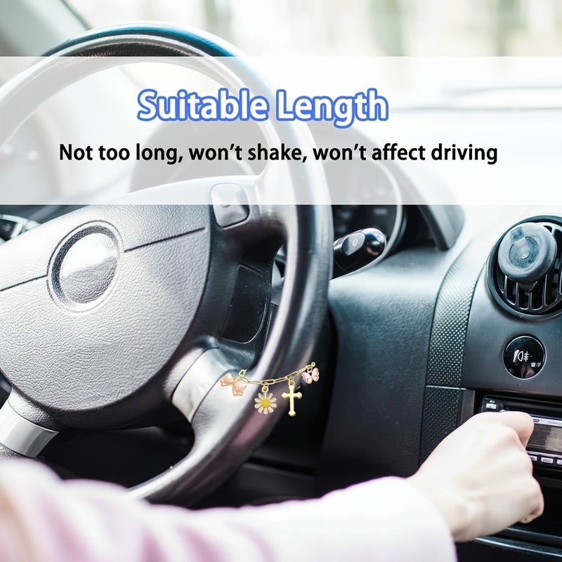 Flower Bees Steering Wheel Rosary Charm Cross Heart Pendant Car Interior Hanging Decoration Lucky Gift Driver Universal Auto Accessory - Image 4