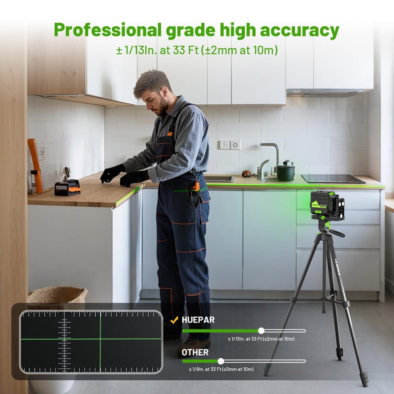 Huepar Laser Level with 60in Tripod, 1/13 High Accuracy Self Leveling Green Cross Line Lazer Leveler for Picture Hanging, Tile, Home Renovation, with Pluse Mode for Outdoor, Carry Case, Glasses - Image 4