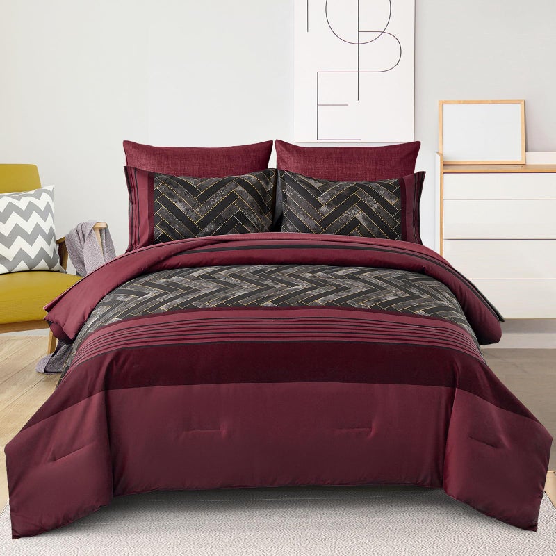 Luxudecor Burgundy Comforter Set Queen Size 7 Pieces Red and Black Stripe Bed in a Bag Geometric Comforter and Sheet Set Soft Microfiber Complete Bedding Sets for All Seasons