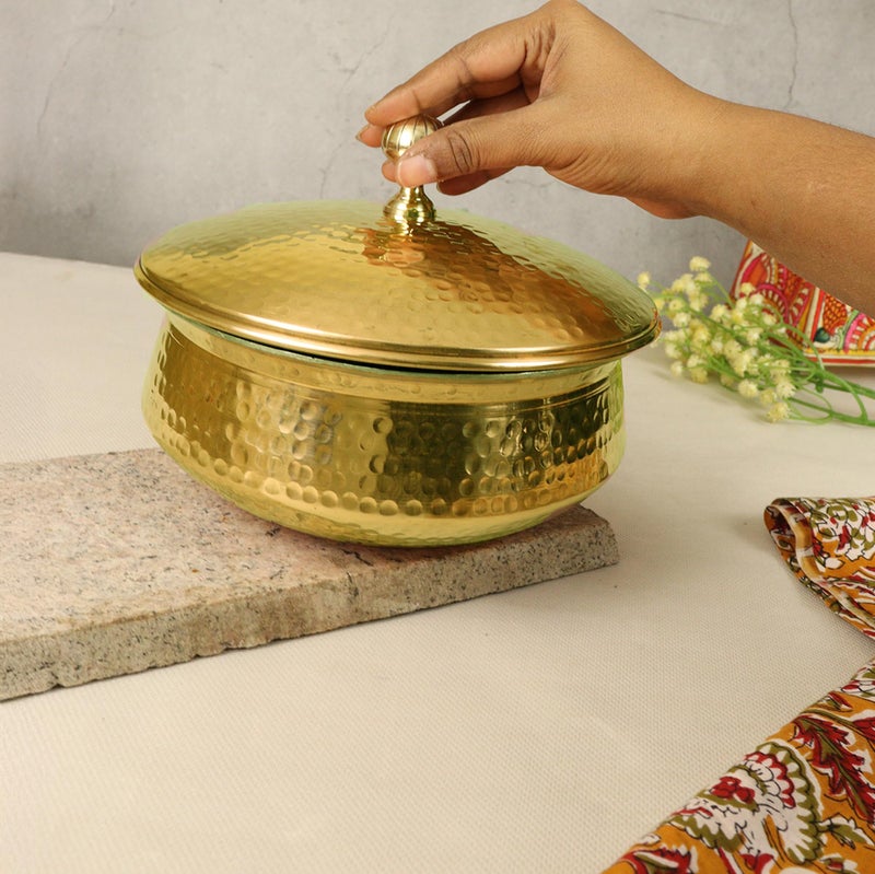 Spillbox Putrika Brass Kitchen Appliances Cooking Serving Pot Pan|Biryani Handi|Urli|Serveware|Tope |Patila|Cookware Bowl|Cooking Bowl Set with Lid (Small) - Image 2