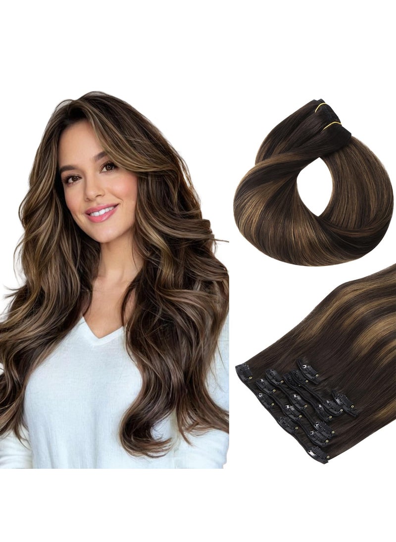 hotbanana - HOTBANANA Human Hair Clip in Hair Extensions Balayage Dark Brown Mixed Chestnut Brown 120g Clip in Hair Extensions Real Human Hair Straight Remy Hair Clip Ins Dark Roots Ombre 14 Inch 7pcs - Image 1