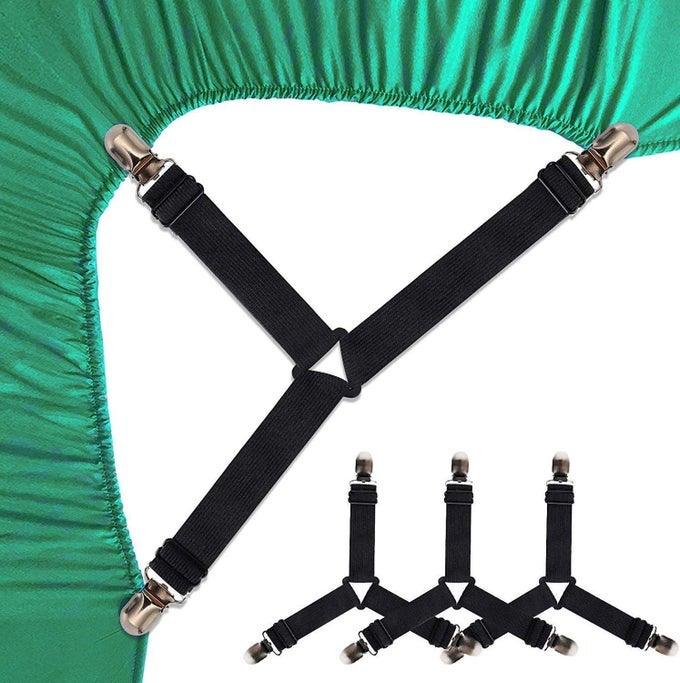 4PCS BLACK BED SUSPENDER STRAPS MATTRESS FASTENER HOLDER TRIANGLE SHEET CLIPS ADJUSTABLE BED SHEETS CLIPS