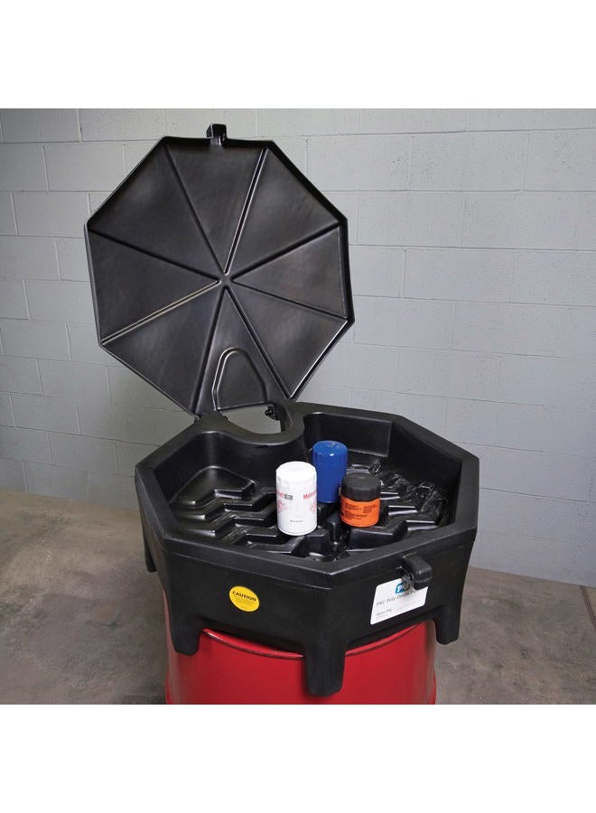 PIG New Pig Corporation Poly Drum Funnel with Hinged Lid, For 55 Gal Tight-Head Steel & Poly Drums, 29" Diam x 11" H, Black, DRM672-BK - Image 5