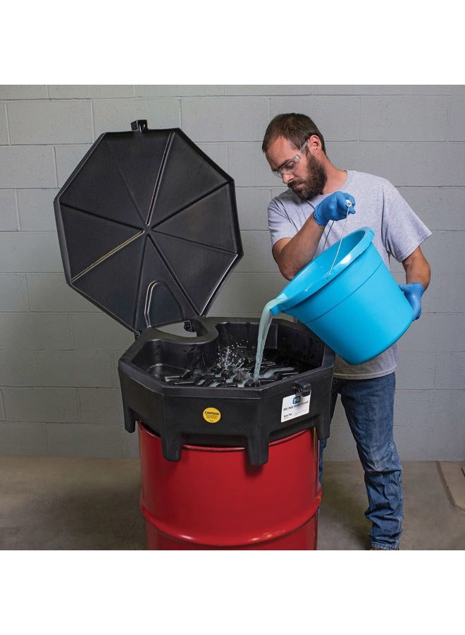 PIG New Pig Corporation Poly Drum Funnel with Hinged Lid, For 55 Gal Tight-Head Steel & Poly Drums, 29" Diam x 11" H, Black, DRM672-BK - Image 4