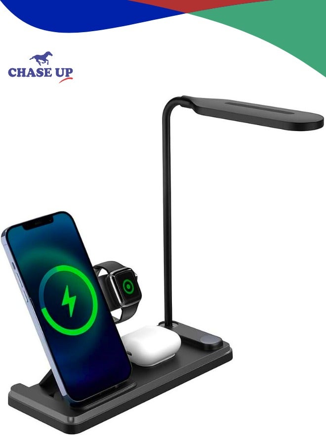 Chase Up 4-in-1 Wireless Charger Stand with LED Desk Lamp – Fast Charging Station for iPhone, Samsung, AirPods, Smartwatches – USB-C – Space-Saving Design -Black - Image 1