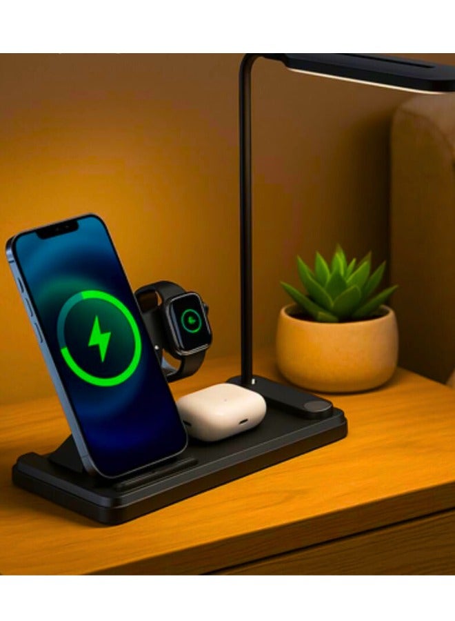 Chase Up 4-in-1 Wireless Charger Stand with LED Desk Lamp – Fast Charging Station for iPhone, Samsung, AirPods, Smartwatches – USB-C – Space-Saving Design -Black - Image 3