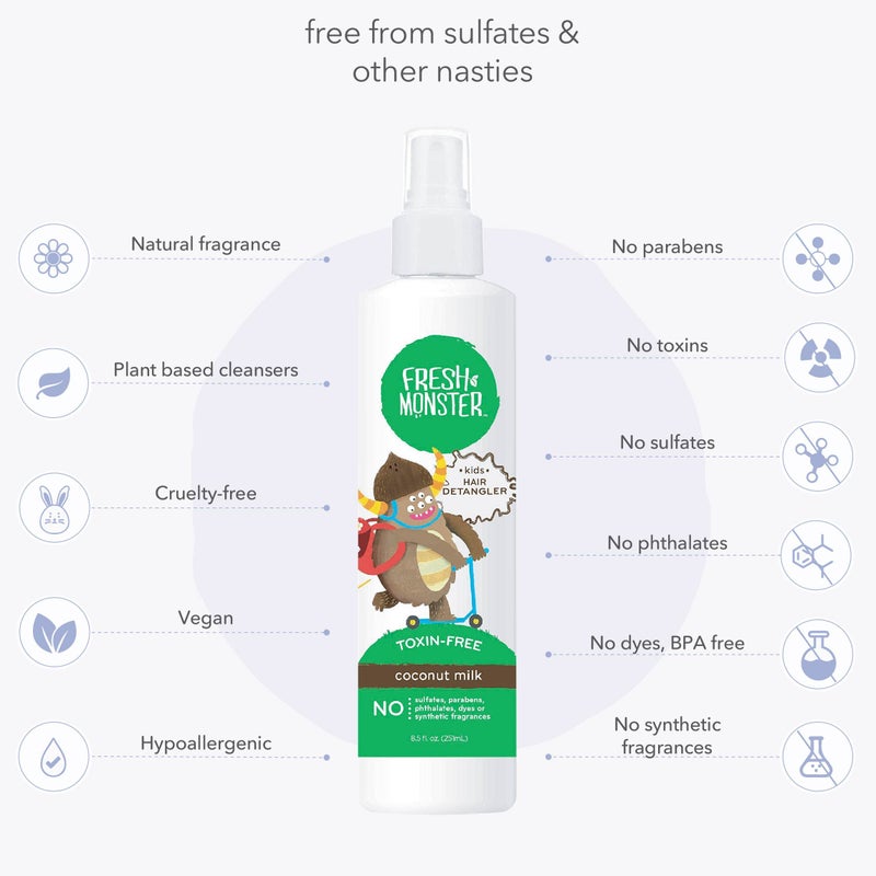 Fresh Monster بخاخ فك تشابك الشعر للأطفال من فريش مونستر، خالي من السموم، مضاد للحساسية وطبيعي، بخاخ تكييف الشعر للأطفال، جوز الهند (عبوتان، 8.5 أونصة/كل واحدة) - Image 4