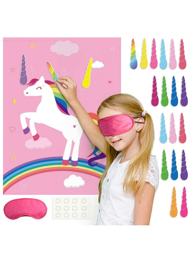 FEPITO Birthday Party Game For Kids Pin The Horn On Unicorn-Game Poster With 24 Horn Stickers Pin The Tail Game For Girl Unicorn-Birthday Rainbow Party Favors Supplies Wall Home Room Decorations - Image 1