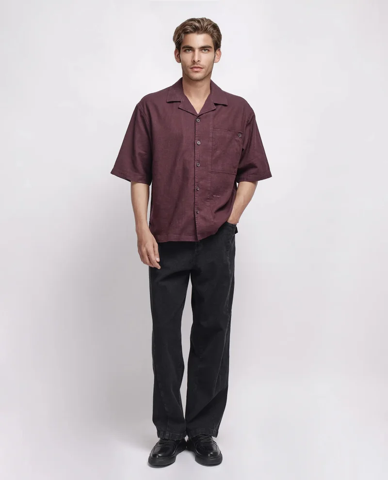 Rare Rabbit Rare Rabbit Men's Koba Dark Brown Cotton Fabric Short Sleeve Cuban Neck Button Closure Plain Shirt