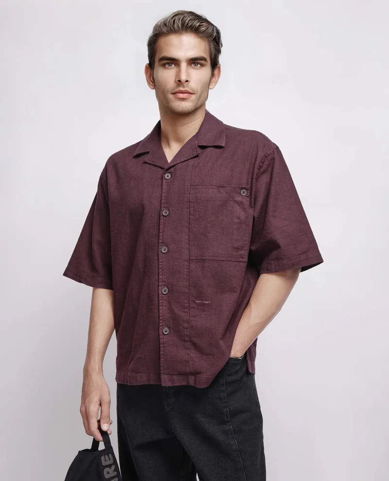 Rare Rabbit Rare Rabbit Men's Koba Dark Brown Cotton Fabric Short Sleeve Cuban Neck Button Closure Plain Shirt