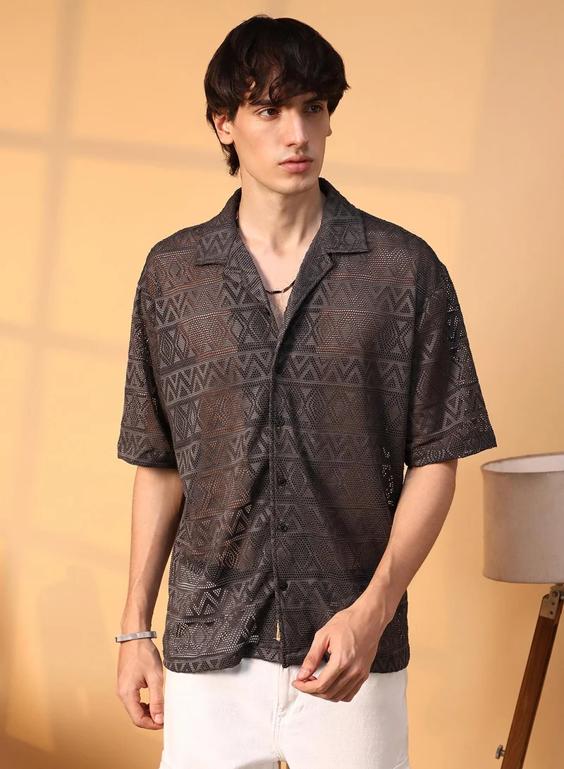 Campus Sutra Campus Sutra Men's Chocolate Brown Conoid Knit Oversized Shirt For Casual Wear | Cuban Collar | Short Sleeve | Button Closure | Oversized Shirt Crafted With Comfort Fit For Everyday Wear
