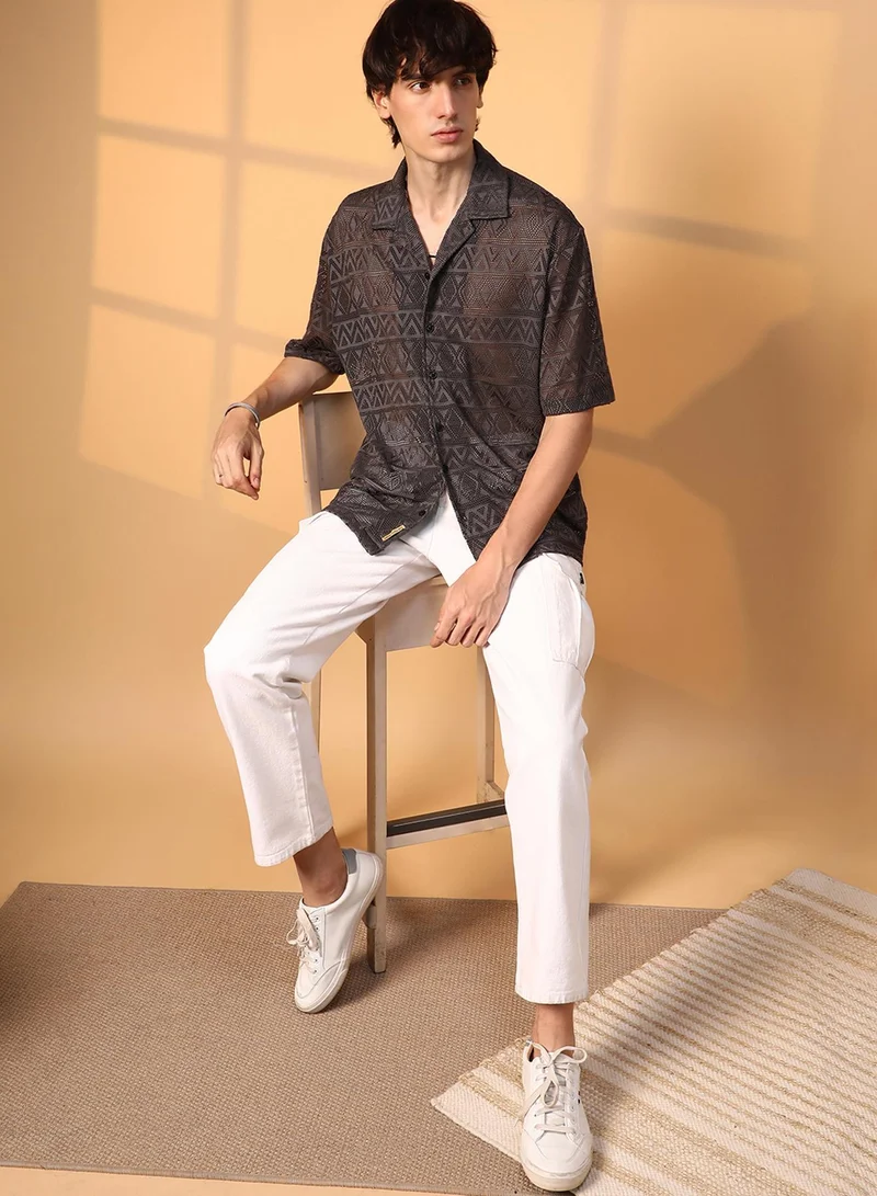 Campus Sutra Campus Sutra Men's Chocolate Brown Conoid Knit Oversized Shirt For Casual Wear | Cuban Collar | Short Sleeve | Button Closure | Oversized Shirt Crafted With Comfort Fit For Everyday Wear