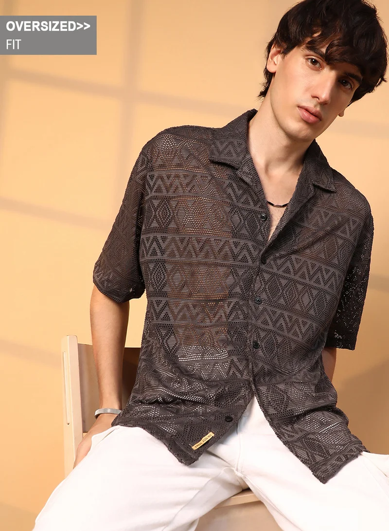Campus Sutra Campus Sutra Men's Chocolate Brown Conoid Knit Oversized Shirt For Casual Wear | Cuban Collar | Short Sleeve | Button Closure | Oversized Shirt Crafted With Comfort Fit For Everyday Wear