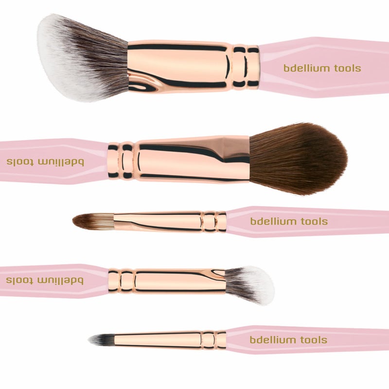 Bdellium Tools Pink Golden Triangle Face & Eyes Makeup Brush Set - Well-balanced Brush Set with Soft Synthetic Bristles and Rose Gold Brass Ferrule for a Variety of Looks (Pink, 5 pcs) - Image 3
