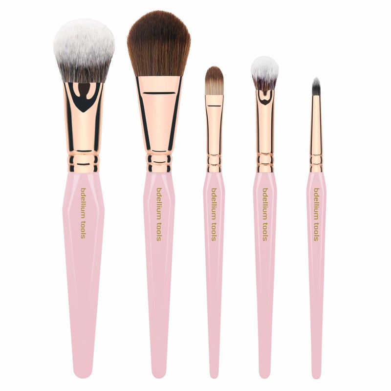 Bdellium Tools Pink Golden Triangle Face & Eyes Makeup Brush Set - Well-balanced Brush Set with Soft Synthetic Bristles and Rose Gold Brass Ferrule for a Variety of Looks (Pink, 5 pcs) - Image 2