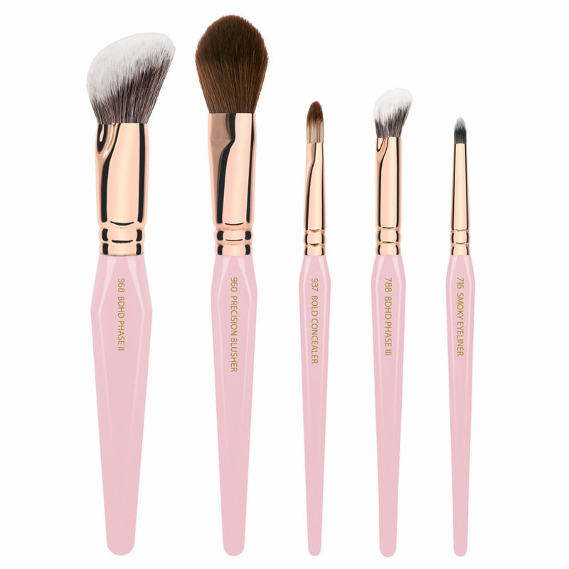 Bdellium Tools Pink Golden Triangle Face & Eyes Makeup Brush Set - Well-balanced Brush Set with Soft Synthetic Bristles and Rose Gold Brass Ferrule for a Variety of Looks (Pink, 5 pcs) - Image 1