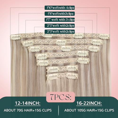 Easyouth Clip in Human Hair Extensions Highlight Thick Human Hair Clip in Extensions Warm Ash Blonde Highlights Bleach Blonde Hair Extension Real Human Hair Clips ins 18 In 7Pcs 120G - Image 5