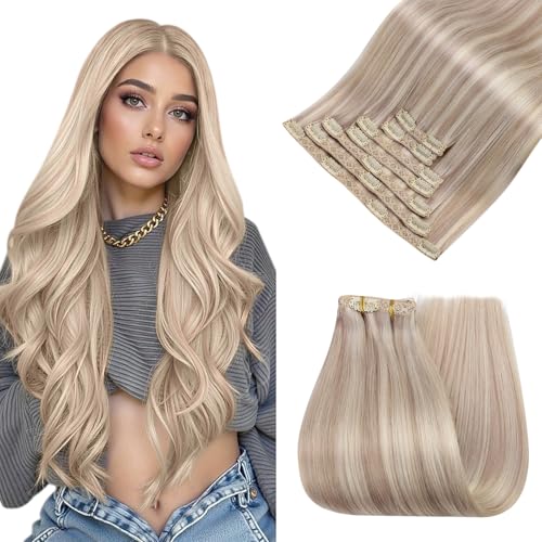 Easyouth Clip in Human Hair Extensions Highlight Thick Human Hair Clip in Extensions Warm Ash Blonde Highlights Bleach Blonde Hair Extension Real Human Hair Clips ins 18 In 7Pcs 120G - Image 1