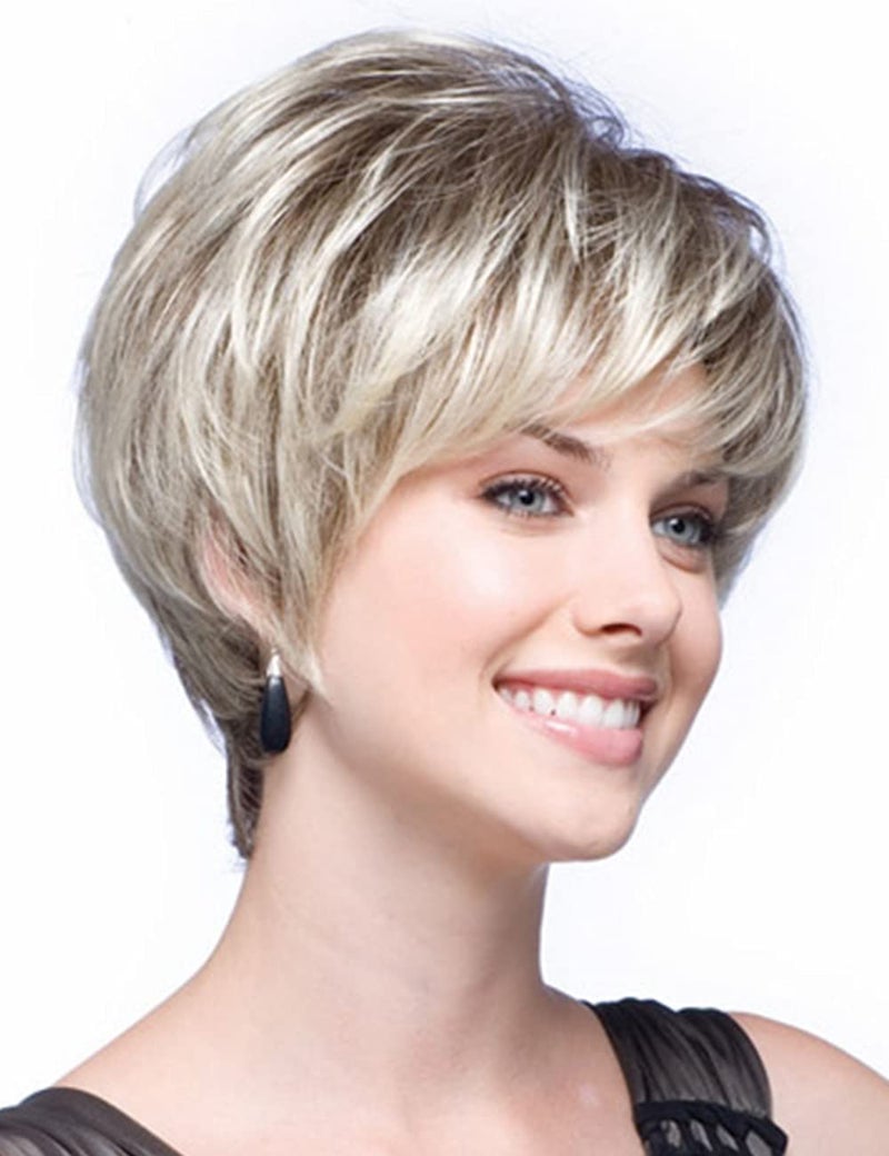 SEVENCOLORS Short Blonde Pixie Cut Wigs for White Women Blonde Mixed Brown Synthetic Wigs Natural Looking Short Hair Wig with Bangs