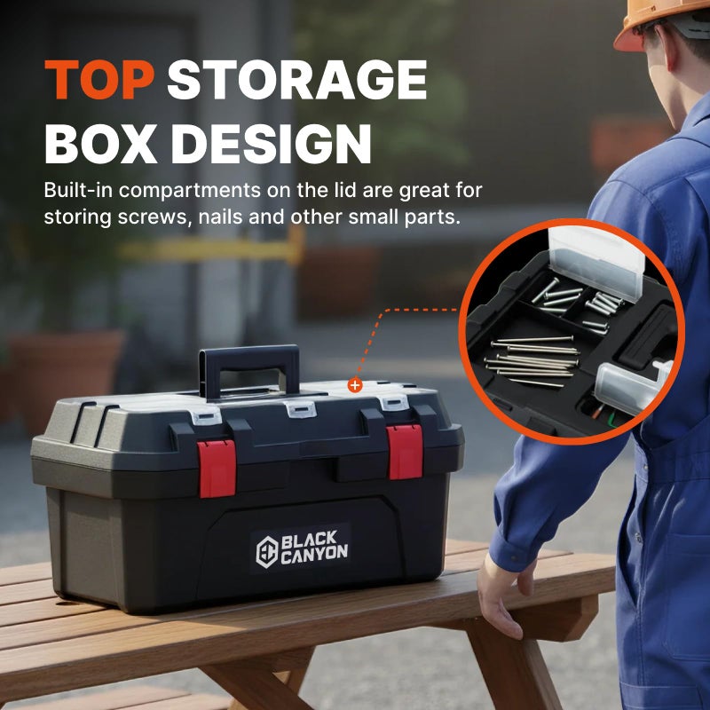 Black Canyon Tool Box - 19 Inch Plastic Dual-Layer Design, 44 lbs Load Capacity Portable Tool Box, Ergonomic Handle, Stackable & Top-Lid Storage, Perfect for DIY, Workshop & Job Site Organization - Image 3